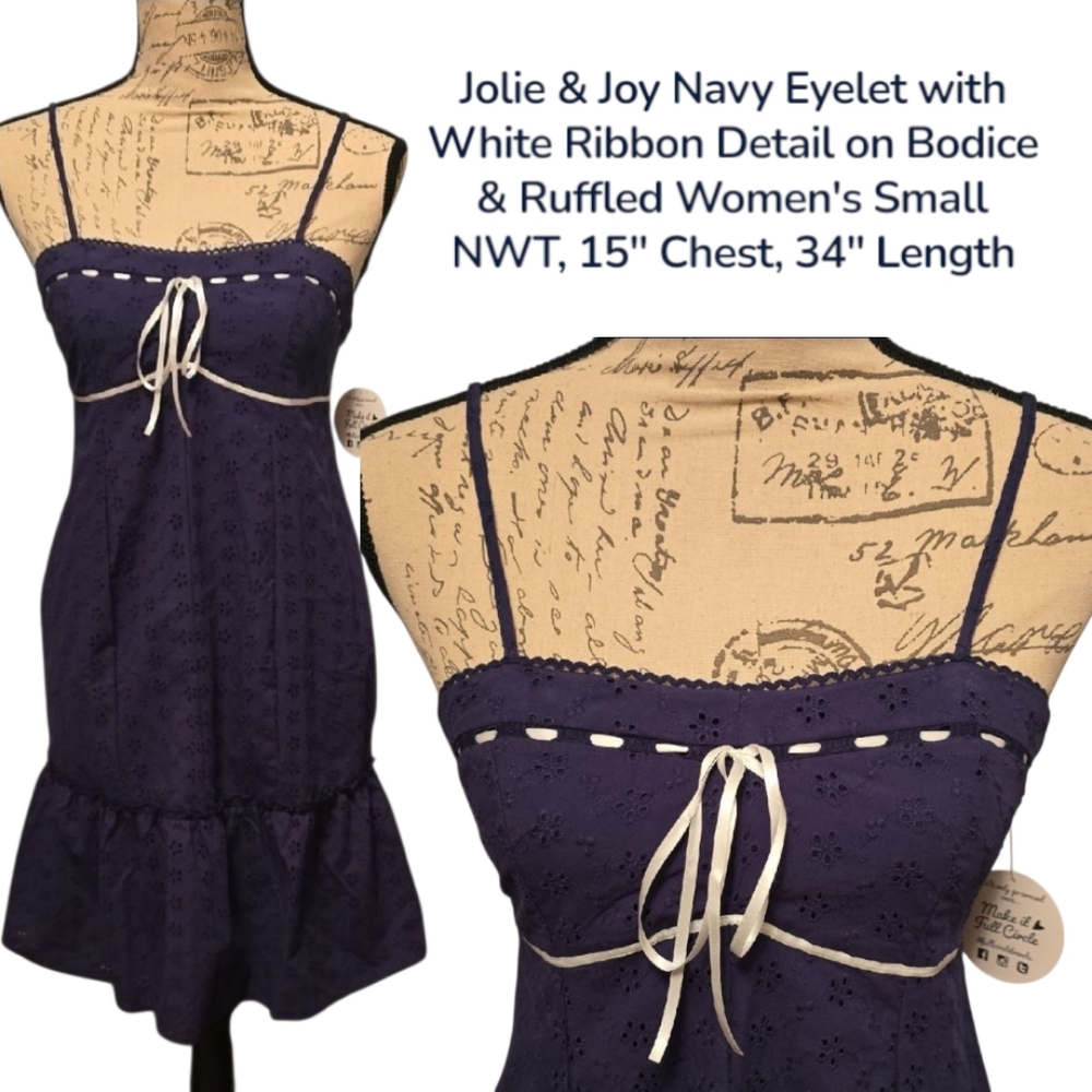 JOLIE & JOY Navy Eyelet Dress White Ribbon and Ruffle Detail Women's Small NWT